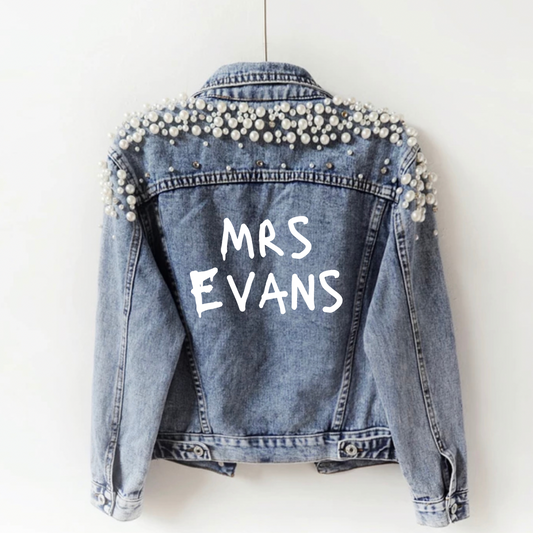 MRS XXX Personalised Denim Pearl Detail Denim Jacket - Grafitti