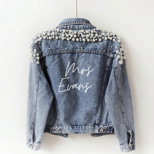 MRS XXX Personalised Denim Pearl Detail Denim Jacket - Script