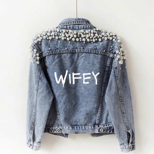 WIFEY Personalised Denim Pearl Detail Denim Jacket - Graffiti