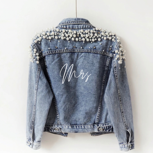 MRS Personalised Denim Pearl Detail Denim Jacket - Script