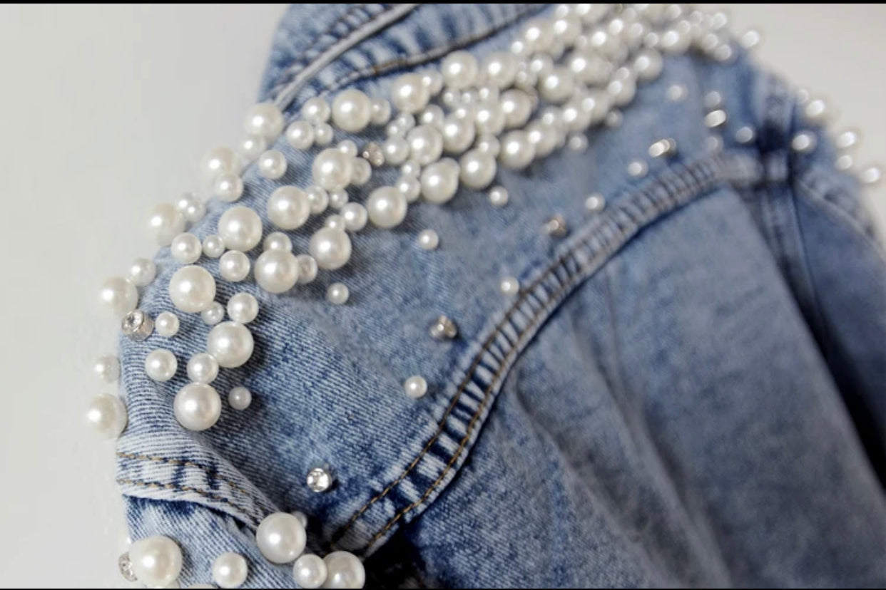 MRS Personalised Denim Pearl Detail Denim Jacket - Graffiti
