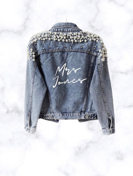 Bride / Mrs / Just Married Custom Denim and Pearl jacket